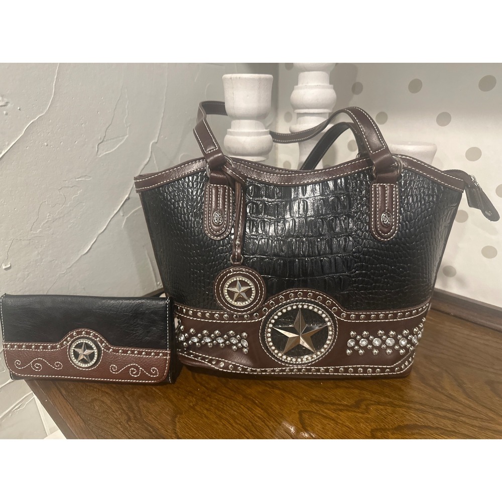 Silverlake Western Star Rhinestone Tote Bag and Matching Wallet Set rodeo cowboy